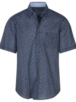 Chemise en coton bleu fleurie avec un col américain et une coupe regular fit