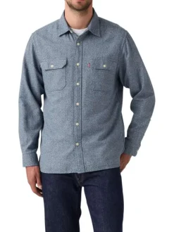 Chemise en coton bleu gris chinée avec une coupe droite et 2 poches