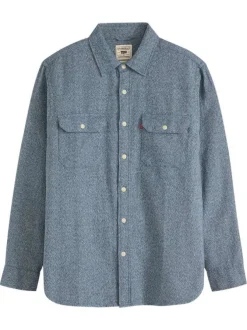 Chemise en coton bleu gris chinée avec une coupe droite et 2 poches