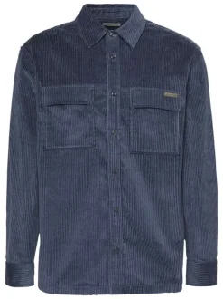 Chemise en coton bleu gris en velours avec une coupe droite et un col à revers