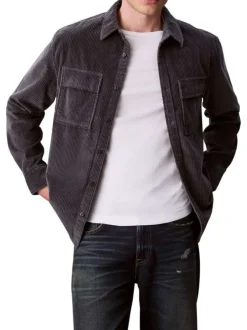 Chemise en coton bleu gris en velours avec une coupe droite et un col à revers