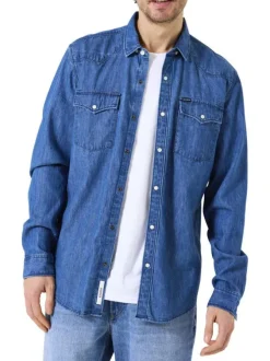 Chemise en coton bleu jean clair uni à coupe droite avec un col chemise