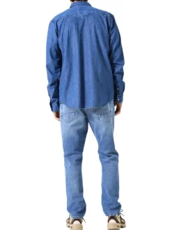 Chemise en coton bleu jean clair uni à coupe droite avec un col chemise