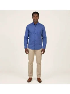 Chemise en coton bleu marine avec une coupe droite et un col américain