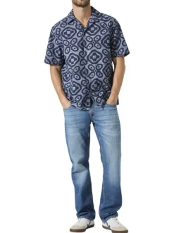 Chemise en coton bleu marine à motifs abstraits imprimés avec une coupe droite