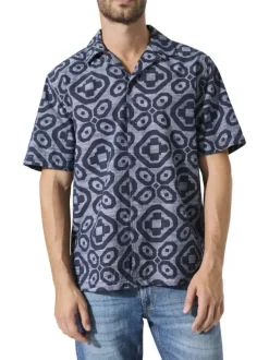 Chemise en coton bleu marine à motifs abstraits imprimés avec une coupe droite