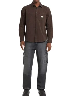 Chemise en coton brune à motif pied de poule et pourvue d'un col à rabats