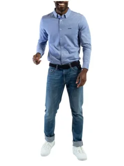 Chemise en coton ciel chinée avec une coupe droite et un col américain