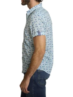 Chemise en coton ciel à coupe droite ornée d'un motif floral tricolore