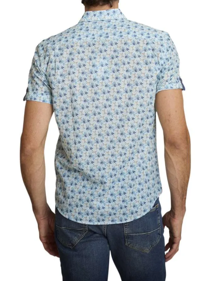 Chemise en coton ciel à coupe droite ornée d'un motif floral tricolore