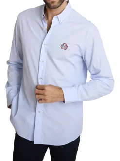 Chemise en coton ciel à coupe droite pourvue d'un col à revers