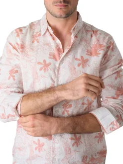 Chemise en coton écrue fleurie avec une coupe droite et un col italien