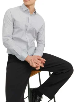 Chemise en coton écrue imprimée géométrique à coupe slim et col italien