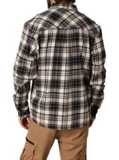 Chemise en coton écrue, noire et marron à motif écossais avec un col à rabats