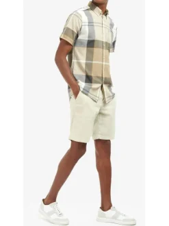 Chemise en coton et lin mélangé beige à carreaux et coupe ajustée col américain