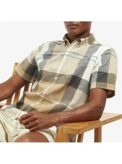 Chemise en coton et lin mélangé beige à carreaux et coupe ajustée col américain
