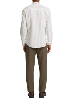 Chemise en coton et lin mélangé beige à rayures avec une coupe slim fit