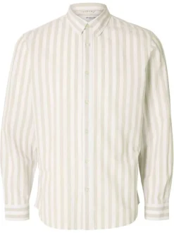 Chemise en coton et lin mélangé beige à rayures avec une coupe slim fit