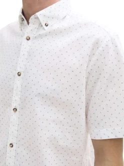 Chemise en coton et lin mélangé blanche avec des minis motifs et à col américain