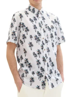Chemise en coton et lin mélangé blanche imprimée coupe droite col français