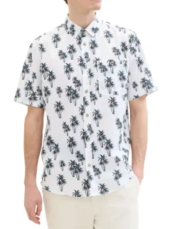 Chemise en coton et lin mélangé blanche imprimée coupe droite col français