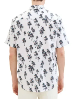Chemise en coton et lin mélangé blanche imprimée coupe droite col français