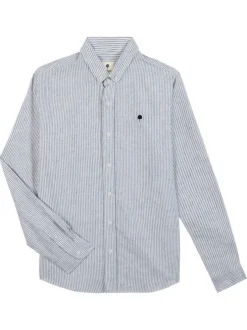 Chemise en coton et lin mélangé bleue à rayures avec un col américain