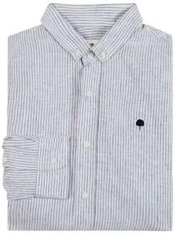 Chemise en coton et lin mélangé bleue à rayures avec un col américain