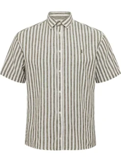 Chemise en coton et lin mélangé kaki rayée avec une coupe regular fit