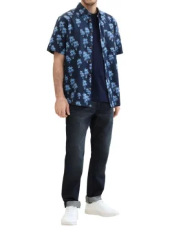 Chemise en coton et lin mélangé marine imprimée coupe droite col français