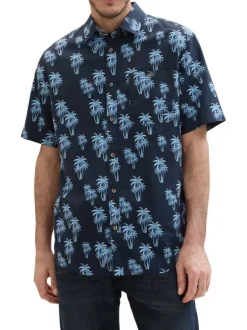 Chemise en coton et lin mélangé marine imprimée coupe droite col français