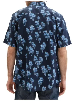 Chemise en coton et lin mélangé marine imprimée coupe droite col français