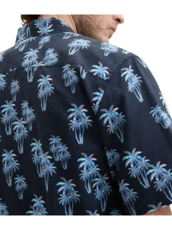 Chemise en coton et lin mélangé marine imprimée coupe droite col français