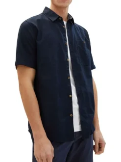 Chemise en coton et lin mélangé marine unie coupe droite col français