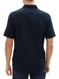 Chemise en coton et lin mélangé marine unie coupe droite col français