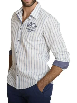 Chemise en coton et lin mélangés blanche ornée d'un motif à rayures