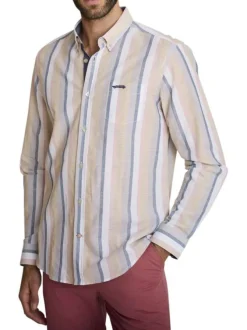 Chemise en coton et lin mélangés multicolore ornée d'un motif à rayures