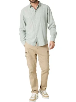 Chemise en coton et lin mélangé tilleul à rayures coupe droite col français