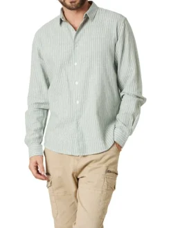 Chemise en coton et lin mélangé tilleul à rayures coupe droite col français