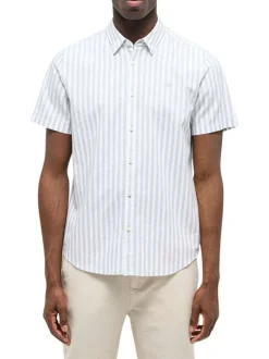 Chemise en coton et lin mélangé vert d'eau à rayures pourvue de manches courtes