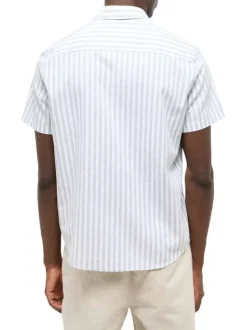 Chemise en coton et lin mélangé vert d'eau à rayures pourvue de manches courtes