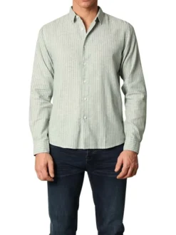 Chemise en coton et lin mélangé verte rayée avec une coupe droite