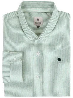 Chemise en coton et lin mélangé verte à rayures avec un col américain