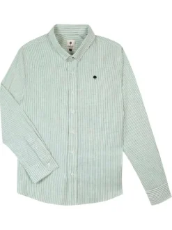 Chemise en coton et lin mélangé verte à rayures avec un col américain