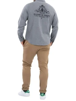Chemise en coton gris chiné coupe regular fit à col boutonné avec logos de rugby brodés