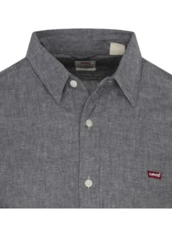 Chemise en coton grise unie à coupe slim col italien et fermeture à boutons blancs