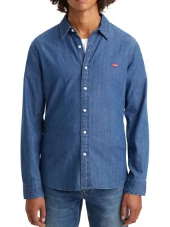 Chemise en coton indigo délavée avec un col français et une coupe slim