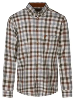 Chemise en coton kaki à carreaux avec une coupe droite et un col à rabats