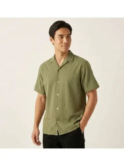 Chemise en coton kaki à coupe droite pourvue d'un col cubain