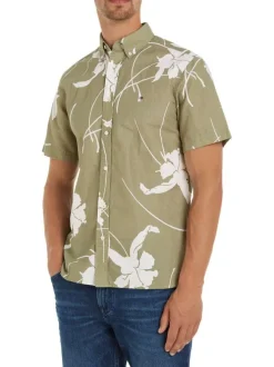 Chemise en coton kaki fleurie coupe regular fit avec un col anglais